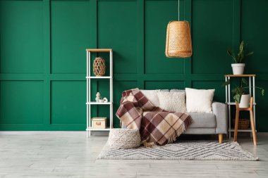 Kanepe ve örgü battaniyeli oturma odasının içinde.