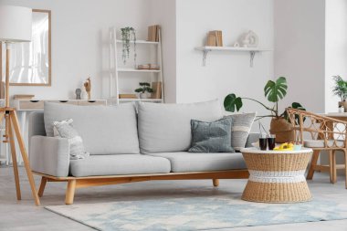 Gri kanepe ve aperatiflerle aydınlık oturma odasının içinde.