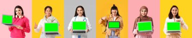 Arka planda yeşil ekranlı dizüstü bilgisayarlar tutan genç kadınların kolajı