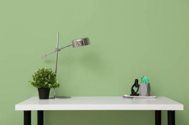 Ofisinde lamba ve çiçek bulunan şık bir iş yeri.