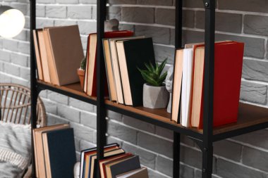 Odada gri tuğla duvarın yanında bitki bulunan kitaplık.