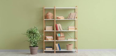 Raflarda kitaplar, dekorasyonlar ve yeşil duvarın yanındaki ev bitkileri var.