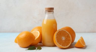 Hafif arkaplanda bir şişe taze portakal suyu ve meyve suyu.