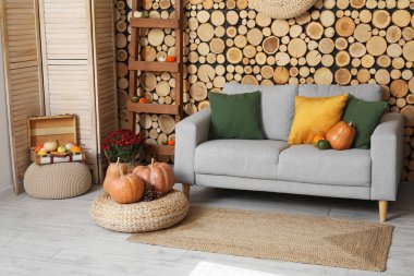 Gri kanepe, hasır puf ve balkabağı olan rahat bir oturma odası.