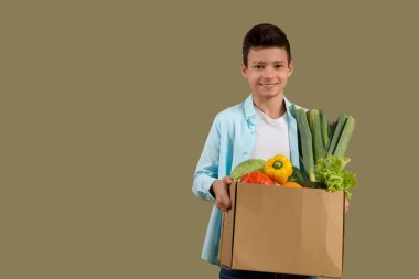 Yeşil arka planda farklı sebzelerle dolu karton kutu tutan sevimli küçük çocuk.