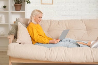 Evdeki koltukta dizüstü bilgisayar kullanan olgun bir kadın.