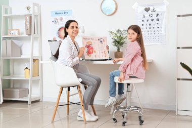 Female ophthalmologist showing eye structure to little girl in clinic