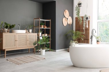 Küvet, çekmece, raf ünitesi ve modern banyoda ev bitkileri.