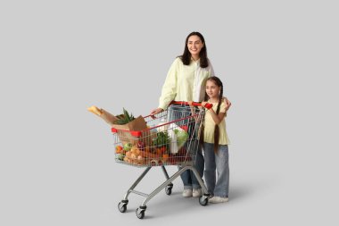 Gri arka planda alışveriş arabasıyla güzel, mutlu bir anne ve kızı.