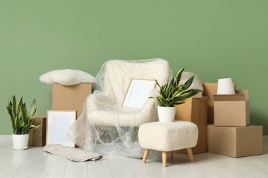 Yeni oturma odasının içi dolu koltuklar, ev bitkileri ve karton kutularla dolu. Taşınma konsepti