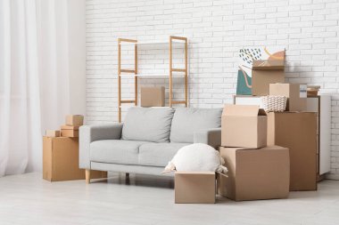 Yeni oturma odası içi gri kanepe ve karton kutularla dolu. Taşınma konsepti
