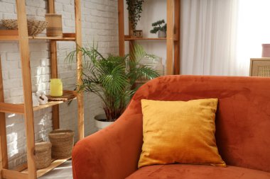 Oturma odasında yastıklı kırmızı kanepe.