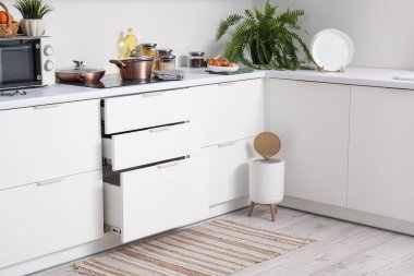 Modern mutfağın içinde şık halı, çöp kutusu ve beyaz tezgahlar var.