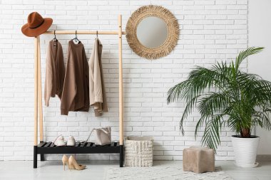 Modern stil koridorun içinde, çiçekli ve sonbahar elbiseli raflı.