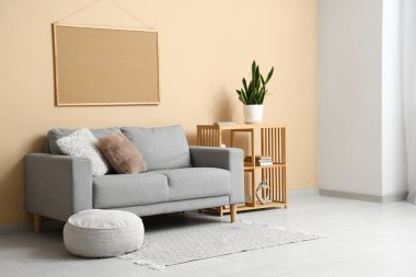 Oturma odasının içinde raflarda eski kitaplar ve bej duvarın yanında kanepe var.