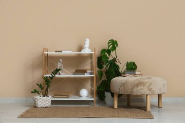 Pouf ve raf ünitesi. Odanın içinde bej duvarın yanında eski kitaplar var.