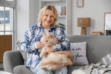 Evdeki kanepede oturan sevimli kedisi olan orta yaşlı güzel bir kadın.