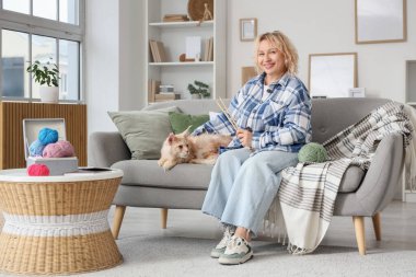 Evdeki kanepede oturan sevimli kedisi ve örgü iğneleri olan orta yaşlı güzel bir kadın.