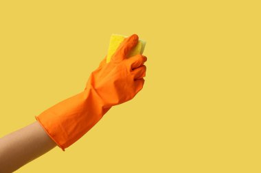 Sarı arka planda süngeri olan kadın eli. Küf temizleme kavramı