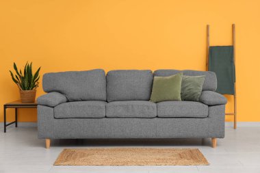 Turuncu duvarın yanında rahat kanepe, yastık ve çiçekli şık bir oturma odası.