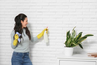Sprey şişeli genç bir kadın evdeki beyaz tuğla duvardan küf temizliyor.