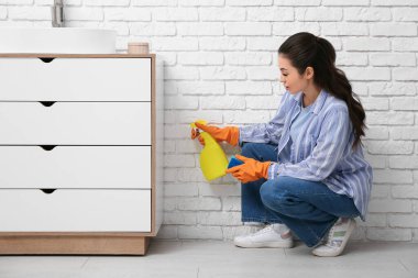 Elinde sprey şişesi olan genç bir kadın evdeki çekmecelerin arkasında küf temizliyor.