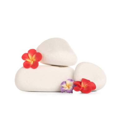 Spa taşlar ve beyaz arka plan üzerinde izole çiçekler