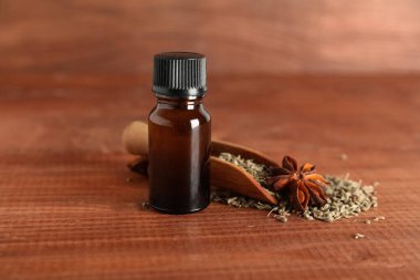 Bir şişe anason yıldızı, kurutulmuş tohumlar ve ahşap arka planda kepçe.