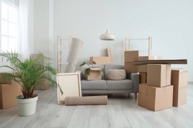 Oturma odasının içinde karton kutular, gri kanepe, sarılmış halılar ve taşınma günü çiçekleri.