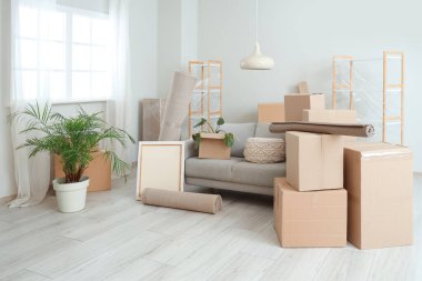 Oturma odasının içinde karton kutular, gri kanepe, sarılmış halılar ve taşınma günü çiçekleri.