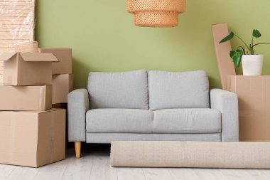 Gri kanepeli karton kutular ve taşınma gününde yeşil duvarın yanında sarılmış halı.