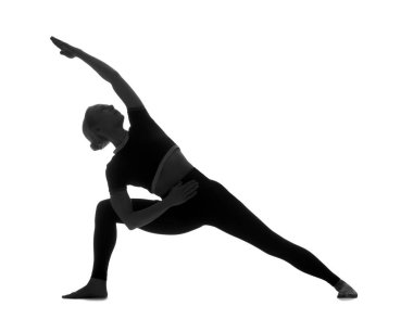 Beyaz arka planda yoga yapan genç bir kadının silueti.