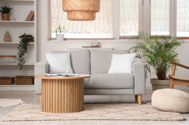 Pencere kenarında kanepe, çiçek ve şık kahve masası olan modern oturma odasının içinde.