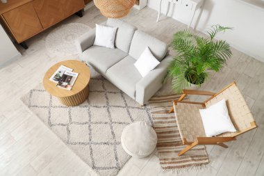 Kanepesi, koltuğu ve şık kahve masası olan modern oturma odası.