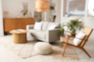 Kanepesi, koltuğu ve şık kahve masası olan modern oturma odasının bulanık görüntüsü.