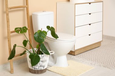 Tuvaletin içinde klozet, çekmeceler ve bej duvarın yanındaki merdiven.