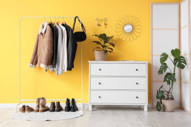 Elbise askılığı, çekmeceler ve sarı duvarlı anahtar tutacağı olan şık bir salon.
