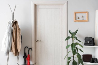 Elbise askısı, kapı, ayakkabı standı ve beyaz duvarda anahtar tutacağı olan şık bir salon.