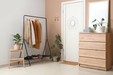 Elbise askılığı, kapı, çekmeceler ve bej duvarda anahtar taşıyıcısı olan şık bir salon.