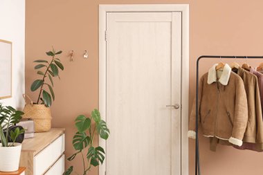 Giysi askıları, çekmeceler, ev bitkileri ve anahtarların bej duvarda asılı olduğu şık bir salon.