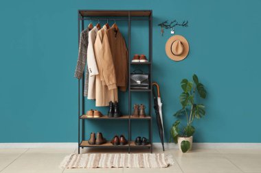 Mavi duvarda raf ünitesi, ev bitkisi ve anahtar taşıyıcısı olan şık bir salonun içinde.