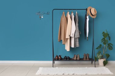 Mavi duvarında elbise askılığı, saksı ve anahtar tutacağı olan şık bir salonun içinde.