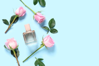 Bir şişe parfüm ve mavi arka planda güzel pembe güller.