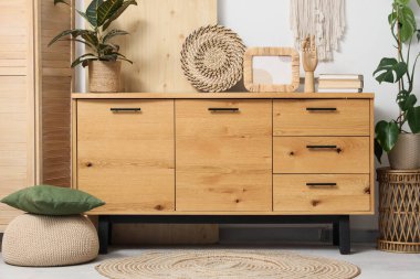 Odanın ahşap klozetinde kitaplar, bitki ve dekor çerçevesi