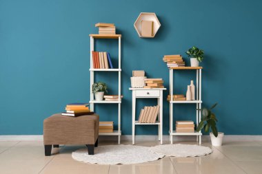 Raflar, komodin ve mavi duvarın yanındaki kitaplarla dolu oda.