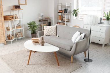 Rahat bir kanepe, kahve masası ve oturma odasının içinde kitaplar olan raf üniteleri.