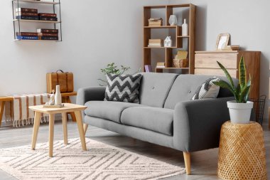 Oturma odasındaki rahat kanepe, sehpa ve kitaplıklar.