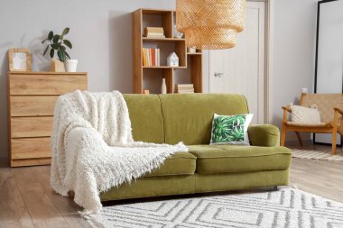 Rahat bir kanepe, sandık dolusu çekmece ve oturma odasının içindeki kitaplıklar.