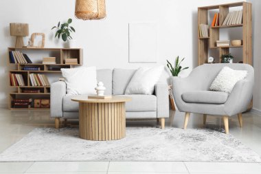 Koltuğu, koltuğu ve kitaplığı olan aydınlık oturma odasının içinde.