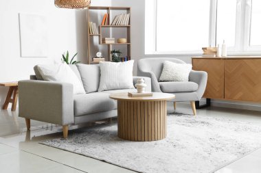 Koltuğu, koltuğu ve kitaplığı olan aydınlık oturma odasının içinde.